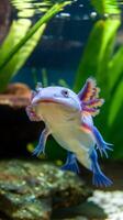 Underwater axolotl portrt close up in an aquarium mexican walking fish ambystoma mexicanum photo