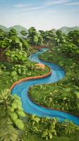 A 3d rendering of a river flowing through a lush green forest photo