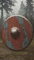 A wooden shield with a red and blue design photo