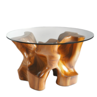 Glass Top Table Organic Wooden Base on transparent background. png