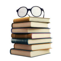 Stylish Glasses on Books Stack on transparent background. png