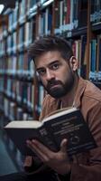A man with a beard reading a book in a library photo