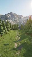 A 3d rendering of a forest with trees and mountains photo