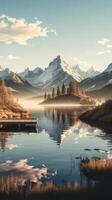 A lake with a dock and mountains in the background photo