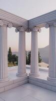 Three columns with white pillars in front of a lake photo
