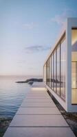 Modern house on the shore with a dock and water photo