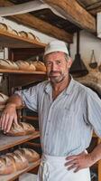 A man in a white hat standing in front of bread on a shelf photo