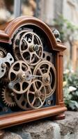 Close view of old clock mechanism with gears and cogs conceptual photo for your successful business design copy space included