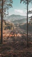 A forest with trees and mountains in the background photo