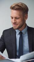 A man in a suit is reading a document photo
