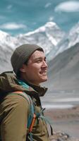 A man with a backpack smiles while standing in front of mountains photo