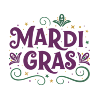 Elegant Mardi Gras Typography with Festive Decorative Elements in Purple and Gold png