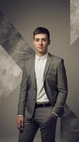 A man in a suit standing in front of a geometric background photo