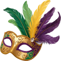 Elegant Mardi Gras Masquerade Mask with Gold Details and Colorful Feathers for Carnival Celebrations png