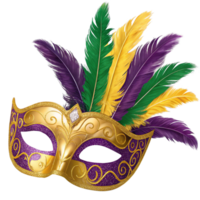 Luxurious Feathered Masquerade Party Mask with Gold, Green, and Purple Design for Festive Events png