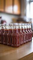 A row of bottles of ketchup on a table photo