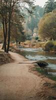 A dirt path next to a river photo