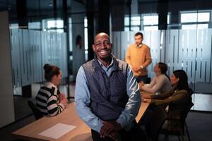 Confident entrepreneur in a startup office, smiling with vision and leadership. Team leader, advisory consultant, and marketing expert at a creative advertising agency workshop photo
