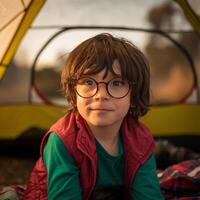A young boy wearing glasses sits in front of a tent photo