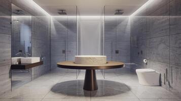 A modern bathroom with a marble table and toilet photo