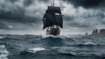 Sailing ship in stormy sea with dark clouds photo