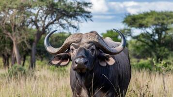 A large buffalo with large horns standing in the grass photo