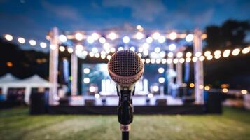 Close up of microphone on stage at outdoor night party abstract bokeh light background photo