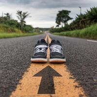 A pair of sneakers on the road with arrows pointing to them photo