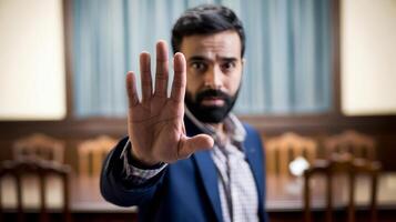 A man with a beard and suit is making a stop sign photo