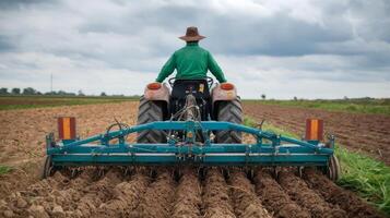 A man is plowing a field with a tractor photo