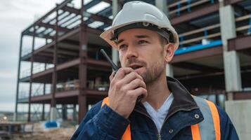 A man in a hard hat talking on a cell phone photo