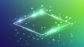 Neon rhomb frame with effects and sparkles on dark green background. Empty glowing techno backdrop. illustration vector