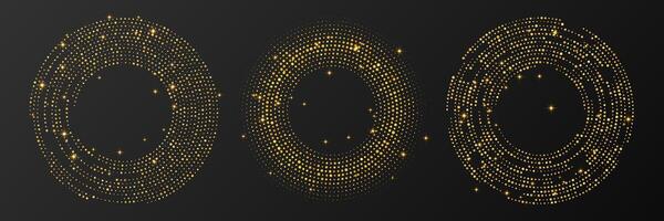 Abstract gold glowing halftone dotted background. Set of three gold patterns in circle form. Circle halftone dots. illustration vector