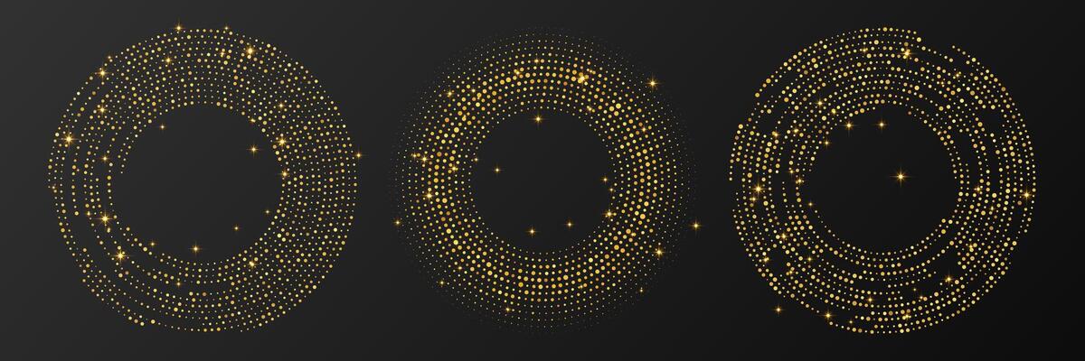 Abstract gold glowing halftone dotted background. Set of three gold patterns in circle form. Circle halftone dots. illustration