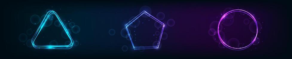 Set of three neon frames with shining effects and sparkles on background. Empty techno backdrop. illustration vector