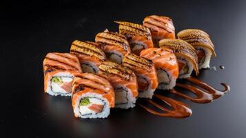 Grilled sushi rolls with salmon and eel on black background sushi menu japanese food photo