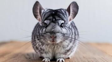 A chinie is sitting on a wooden floor photo