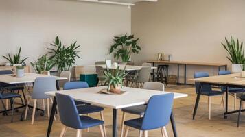 A large open space with tables and chairs photo