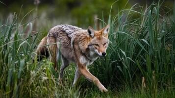 A coyote walking through tall grass in the woods photo