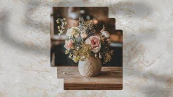 A vase of flowers on a table with a marble background photo