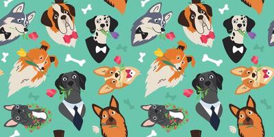 Seamless pattern of dog heads with flowers in their mouths. Pets. Background for design vector