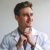 A man in a lab coat is looking at his wrist photo