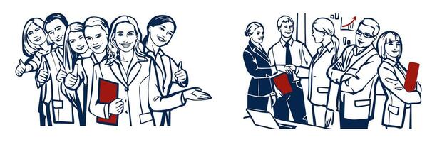 Hand-drawn business illustration of a successful team giving thumbs up and professionals shaking hands, symbolizing teamwork, partnership, success, and corporate growth vector