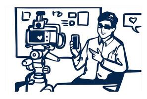 A robot and a person interacting with technology, symbolizing AI-human collaboration in modern society vector