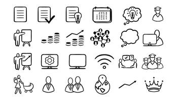 Hand-drawn business and education icons set. Includes finance, teamwork, presentation, online learning, growth, networking, technology, and success symbols vector