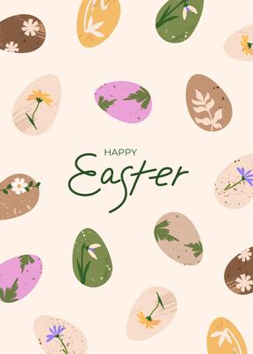 Happy Easter card. Trendy pastel greeting card with crafted natural eggs and spring flowers. Minimalistic and elegant design with handwritten lettering