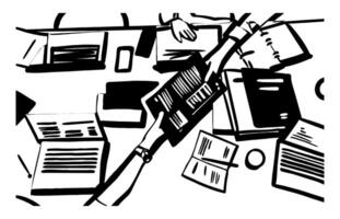 Busy office scene with paperwork and collaboration, ideal for business and productivity concepts vector