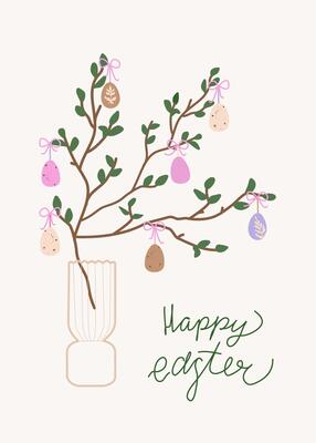 Happy Easter egg tree card. Trendy greeting card with Easter centerpiece table decoration. Minimalistic and elegant design with hand drawn calligraphy