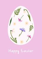 Happy Easter card. Trendy abstract greeting card with spring flowers in egg silhouette. Minimalistic and elegant design with handwritten lettering vector