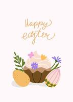 Pastel Easter card. Trendy greeting card with traditional pastry, cupcake and DIY dyed eggs. Minimalistic and elegant design with hand drawn calligraphy vector